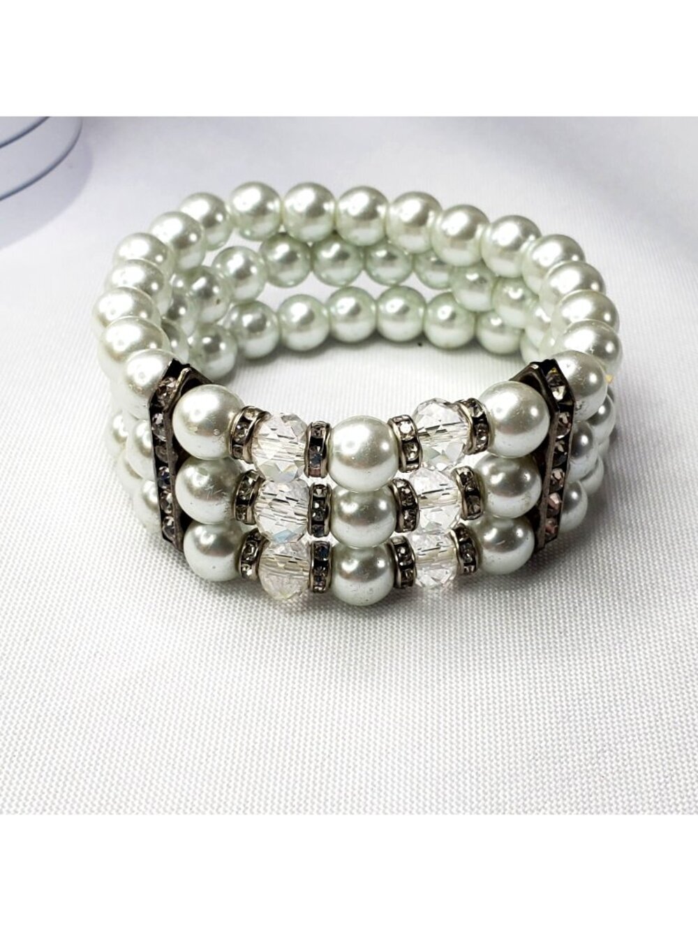 Vintage Crystal & Faux Pearl Stretch Bracelet With Rhinestone Accents Wedding